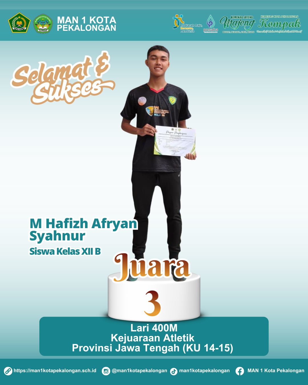 Juara 3 Lari 400 Meter | Kejuaraan Atletik | POPDA Kota Pekalongan 2025